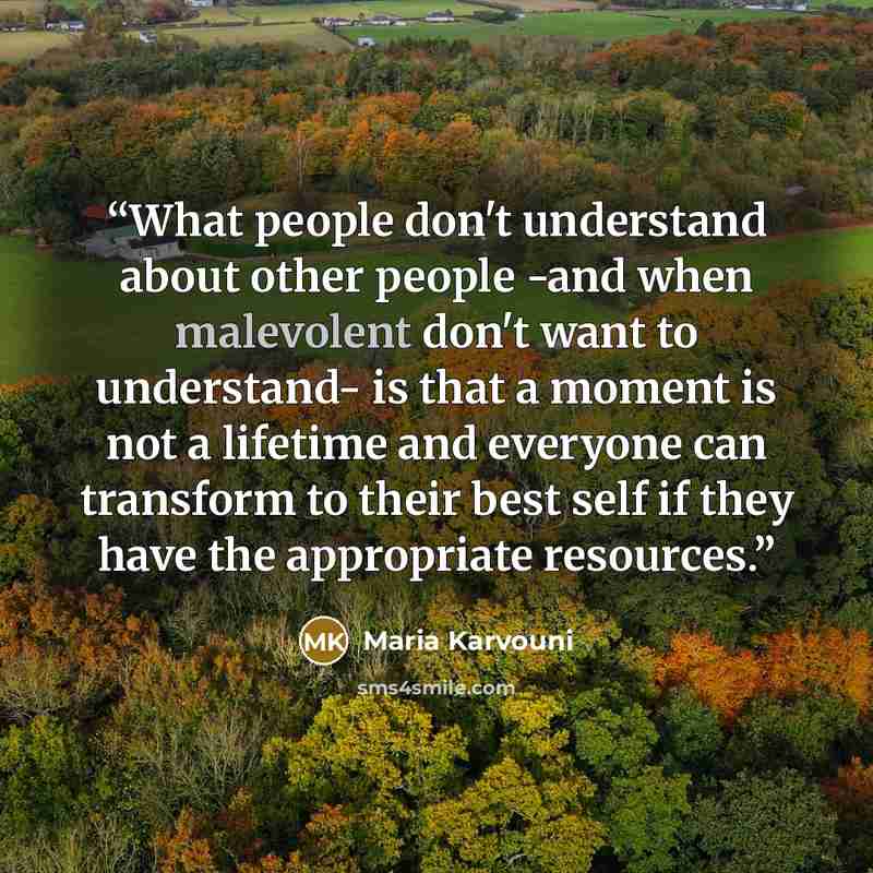 “What people don't understand about other people -and when malevolent don't want to understand- is that a moment is not a lifetime and everyone can transform to their best self if they have the appropriate resources.” quote by Maria Karvouni
