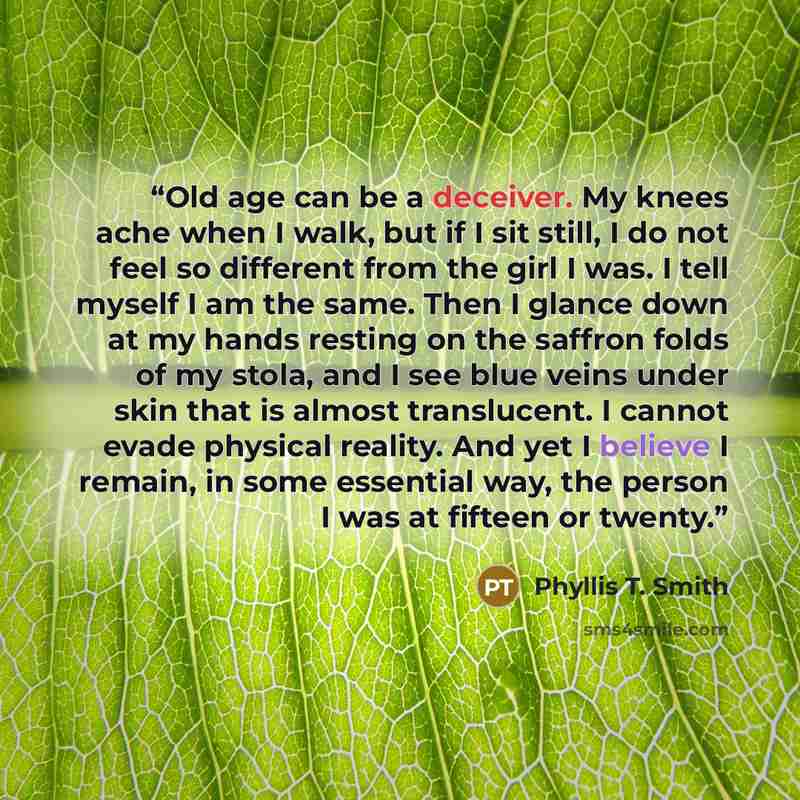 “Old age can be a deceiver. My knees ache when I walk, but if I sit still, I do not feel so different from the girl I was. I tell myself I am the same. Then I glance down at my hands resting on the saffron folds of my stola, and I see blue veins under skin that is almost translucent. I cannot evade…” quote by Phyllis T. Smith