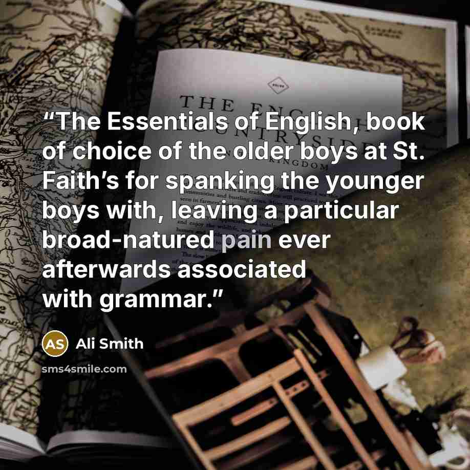 “The Essentials of English, book of choice of the older boys at St. Faith’s for spanking the younger boys with, leaving a particular broad-natured pain ever afterwards associated with grammar.” quote by Ali Smith