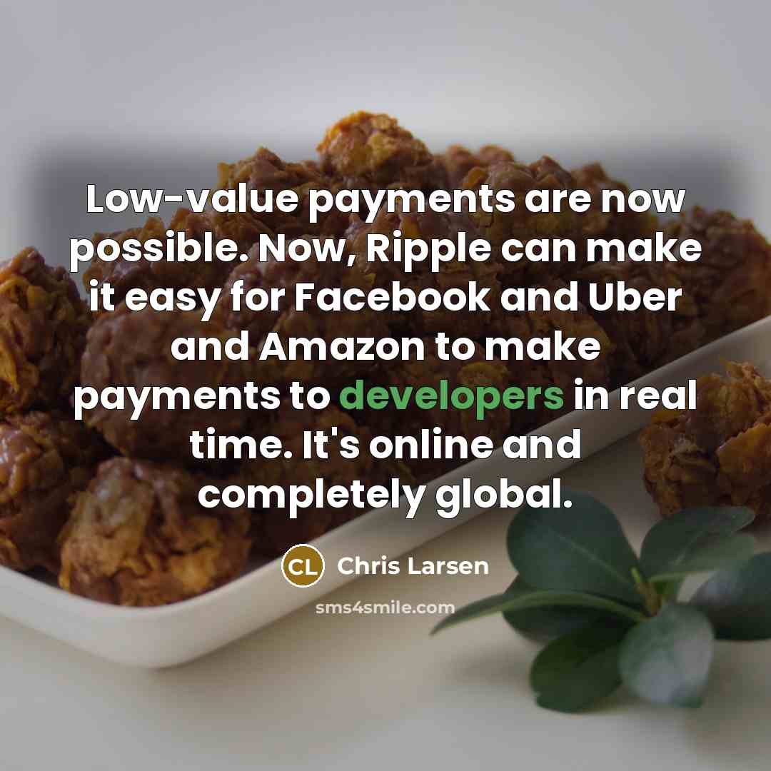 “Low-value payments are now possible. Now, Ripple can make it easy for Facebook and Uber and Amazon to make payments to developers in real time. It's online and completely global.” quote by Chris Larsen