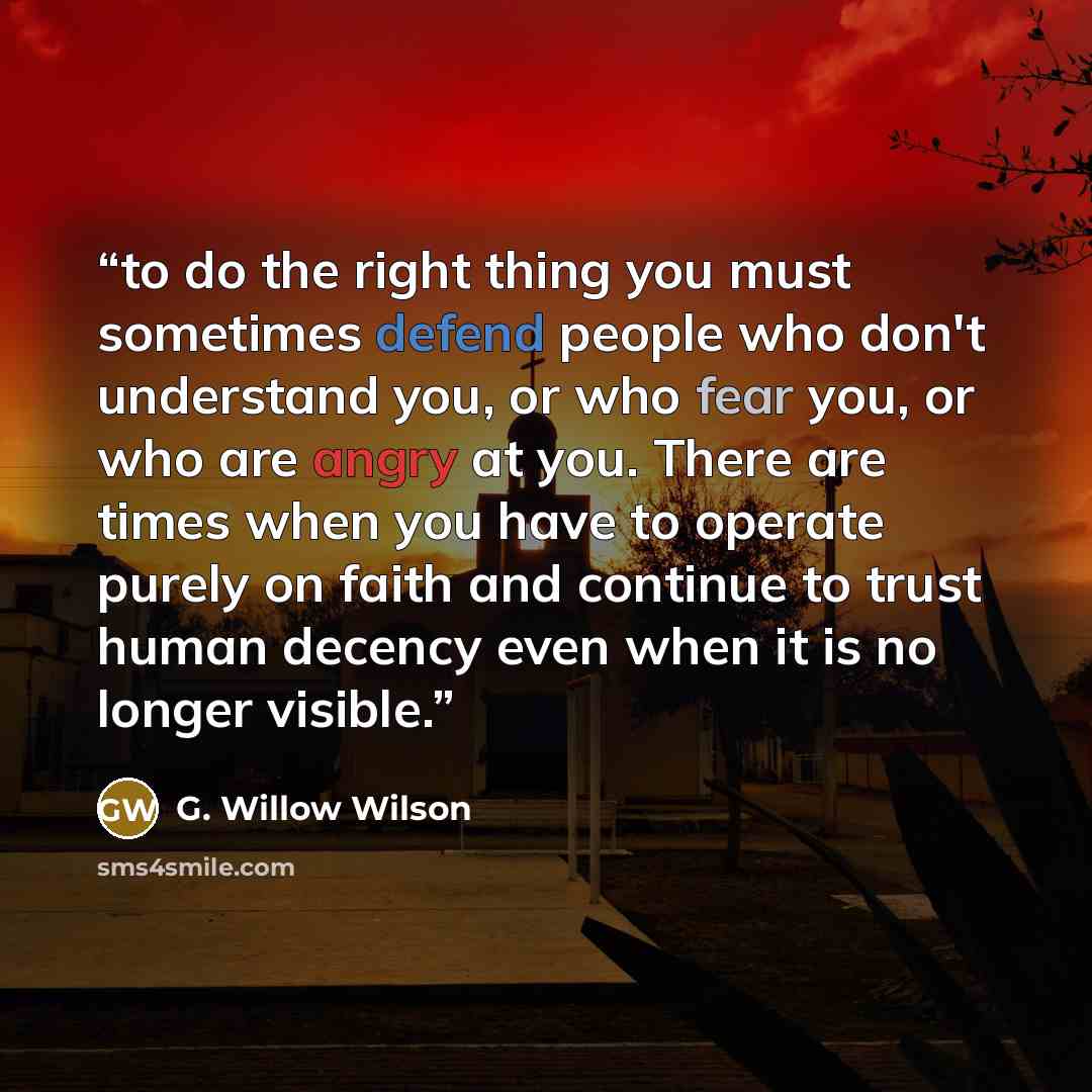 “to do the right thing you must sometimes defend people who don't understand you, or who fear you, or who are angry at you. There are times when you have to operate purely on faith and continue to trust human decency even when it is no longer visible.” quote by G. Willow Wilson