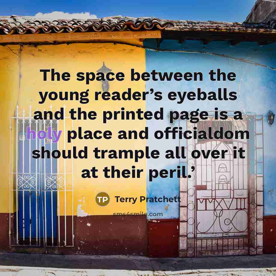 “The space between the young reader’s eyeballs and the printed page is a holy place and officialdom should trample all over it at their peril.’” quote by Terry Pratchett