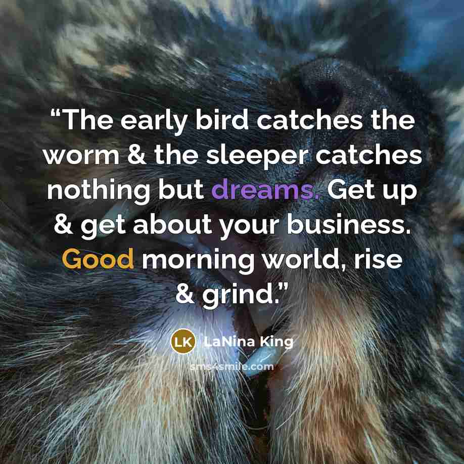 “The early bird catches the worm & the sleeper catches nothing but dreams. Get up & get about your business. Good morning world, rise & grind.” quote by LaNina King