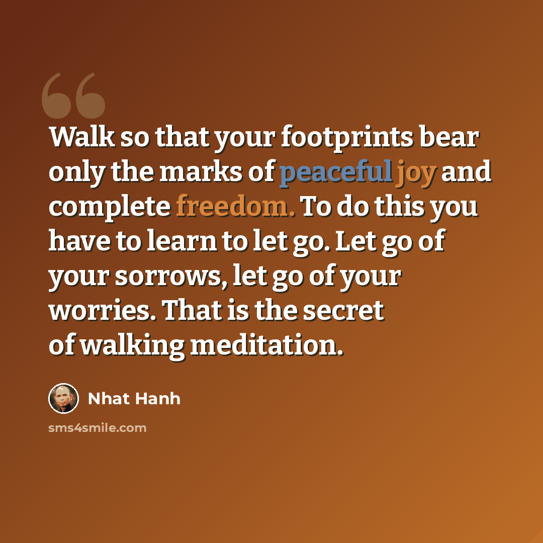 “Walk so that your footprints bear only the marks of peaceful joy and complete freedom. To do this you have to learn to let go. Let go of your sorrows, let go of your worries. That is the secret of walking meditation.” quote by Nhat Hanh