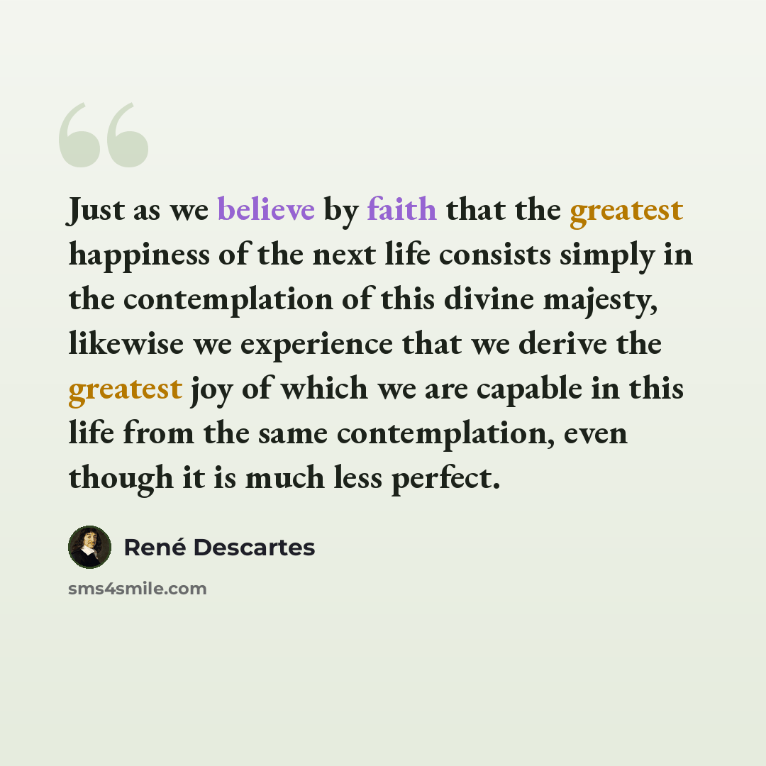 “Just as we believe by faith that the greatest happiness of the next life consists simply in the contemplation of this divine majesty, likewise we experience that we derive the greatest joy of which we are capable in this life from the same contemplation, even though it is much less perfect.” quote by Rene Descartes