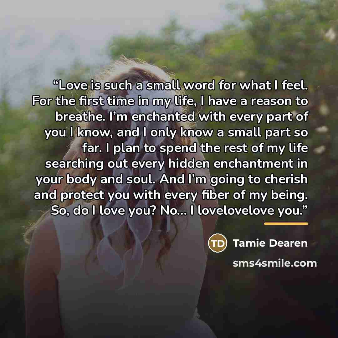 “Love is such a small word for what I feel. For the first time in my life, I have a reason to breathe. I’m enchanted with every part of you I know, and I only know a small part so far. I plan to spend the rest of my life searching out every hidden enchantment in your body and soul. And I’m going to…” quote by Tamie Dearen