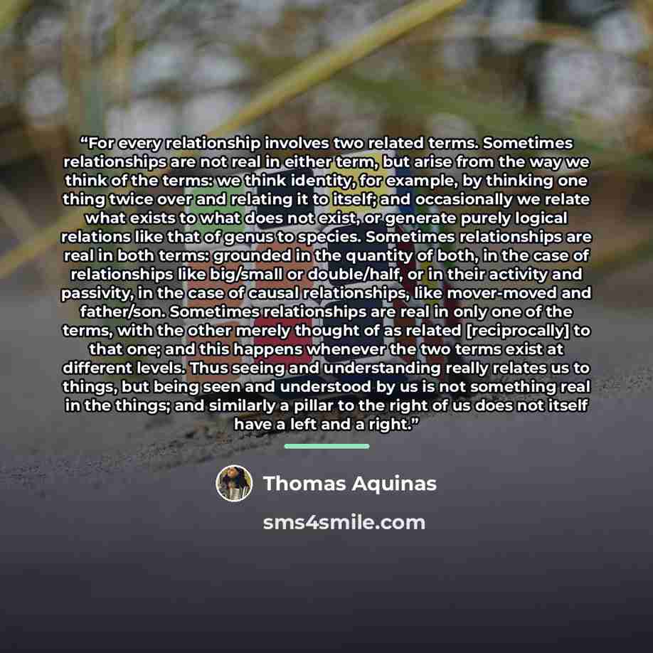 “For every relationship involves two related terms. Sometimes relationships are not real in either term, but arise from the way we think of the terms: we think identity, for example, by thinking one thing twice over and relating it to itself; and occasionally we relate what exists to what does not…” quote by Thomas Aquinas