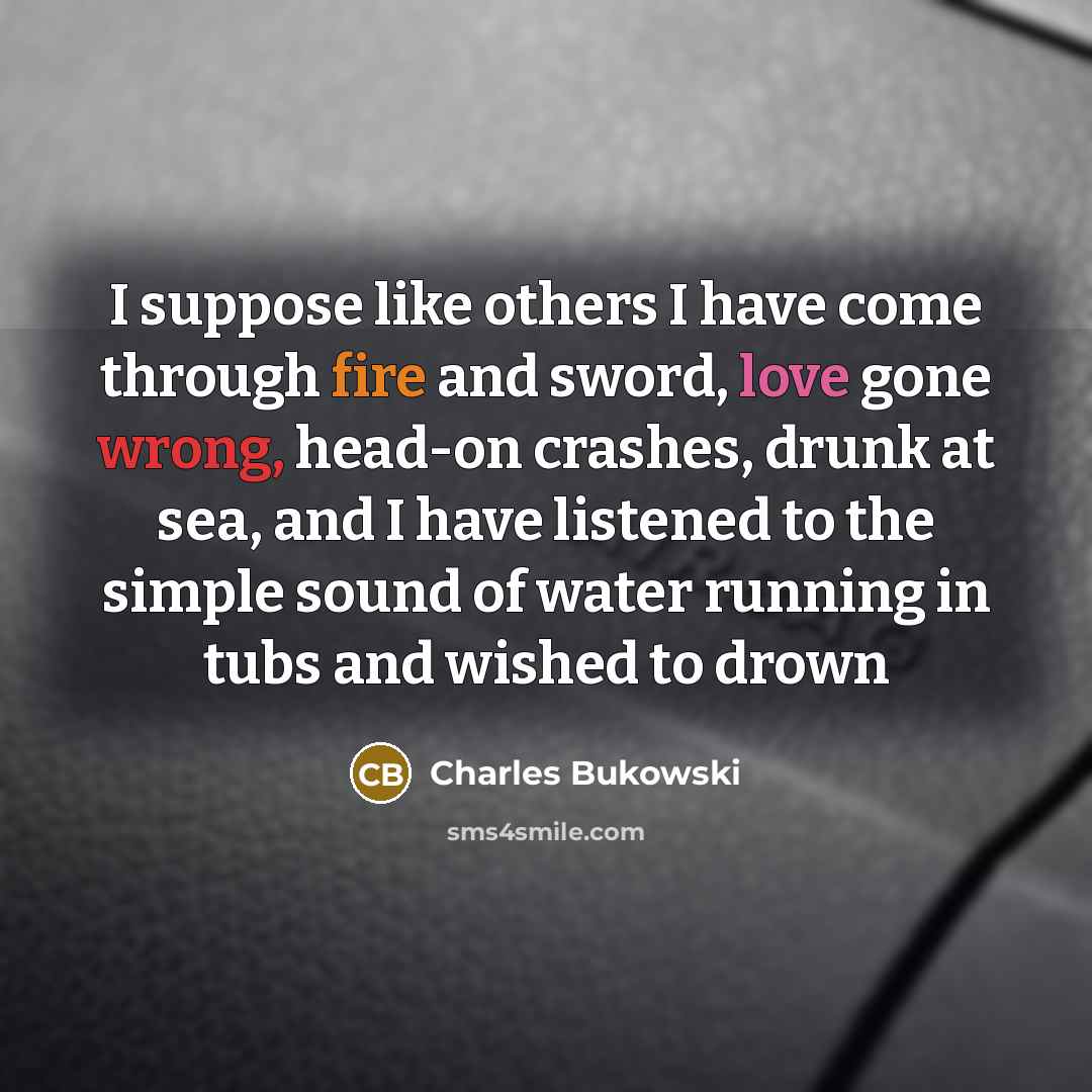 “I suppose like others I have come through fire and sword, love gone wrong, head-on crashes, drunk at sea, and I have listened to the simple sound of water running in tubs and wished to drown” quote by Charles Bukowski