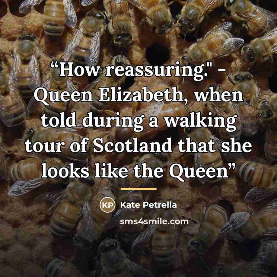 “How reassuring." - Queen Elizabeth, when told during a walking tour of Scotland that she looks like the Queen” quote by Kate Petrella