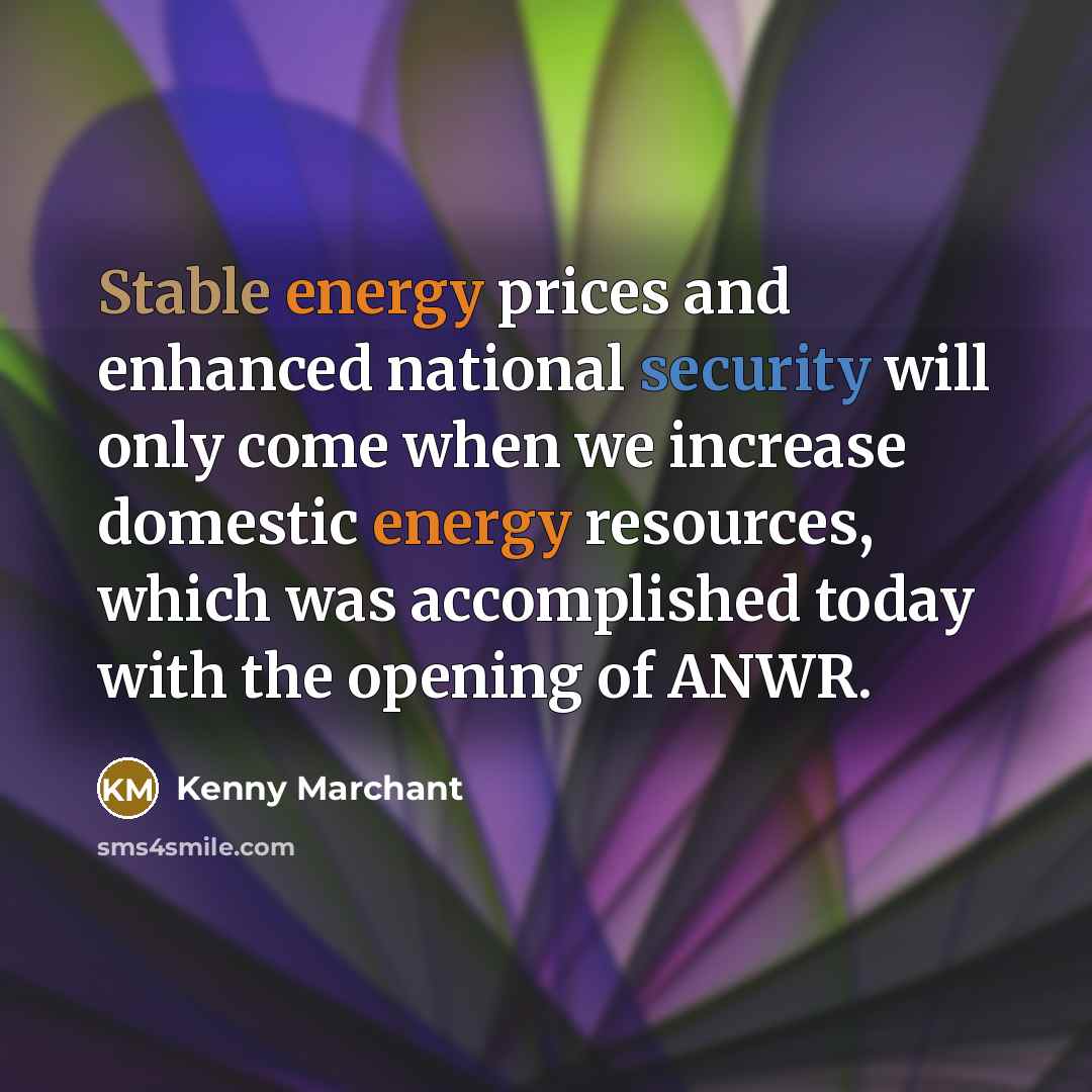 “Stable energy prices and enhanced national security will only come when we increase domestic energy resources, which was accomplished today with the opening of ANWR.” quote by Kenny Marchant