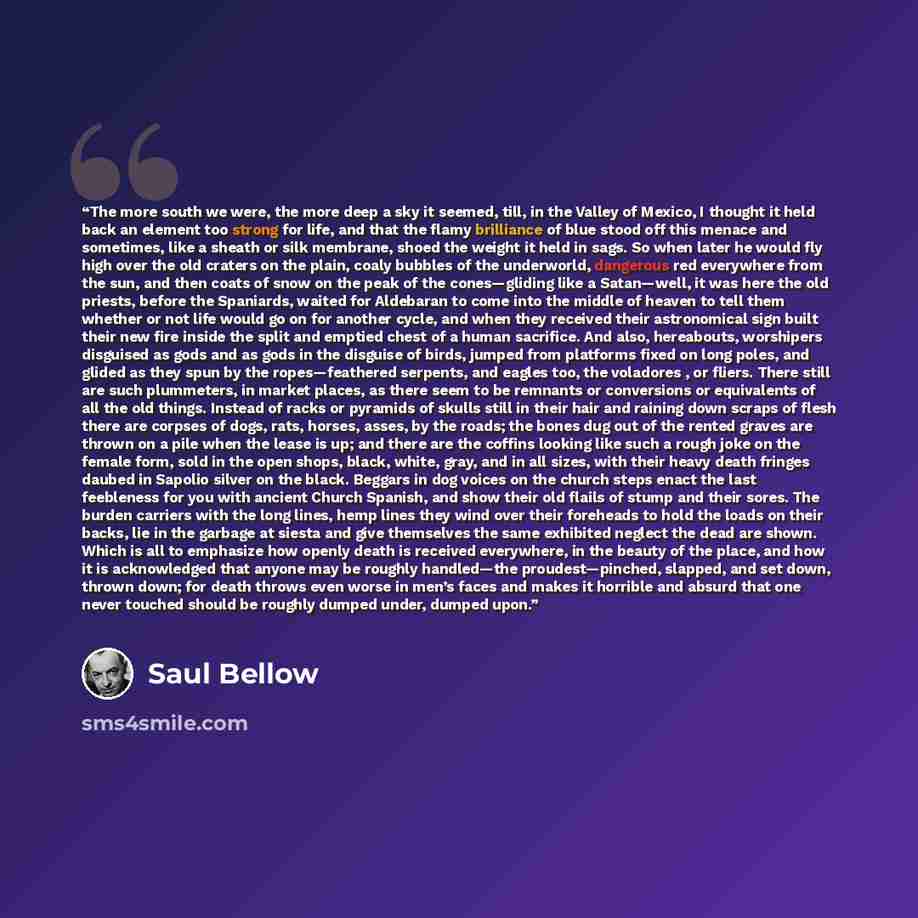 “The more south we were, the more deep a sky it seemed, till, in the Valley of Mexico, I thought it held back an element too strong for life, and that the flamy brilliance of blue stood off this menace and sometimes, like a sheath or silk membrane, shoed the weight it held in sags. So when later he…” quote by Saul Bellow