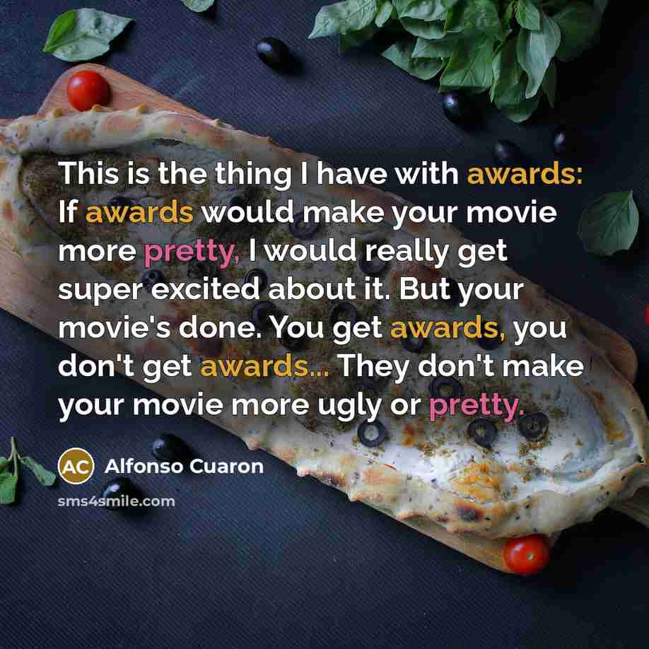 “This is the thing I have with awards: If awards would make your movie more pretty, I would really get super excited about it. But your movie's done. You get awards, you don't get awards... They don't make your movie more ugly or pretty.” quote by Alfonso Cuaron