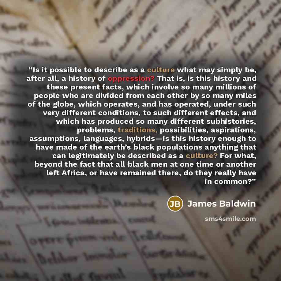 “Is it possible to describe as a culture what may simply be, after all, a history of oppression? That is, is this history and these present facts, which involve so many millions of people who are divided from each other by so many miles of the globe, which operates, and has operated, under such…” quote by James Baldwin