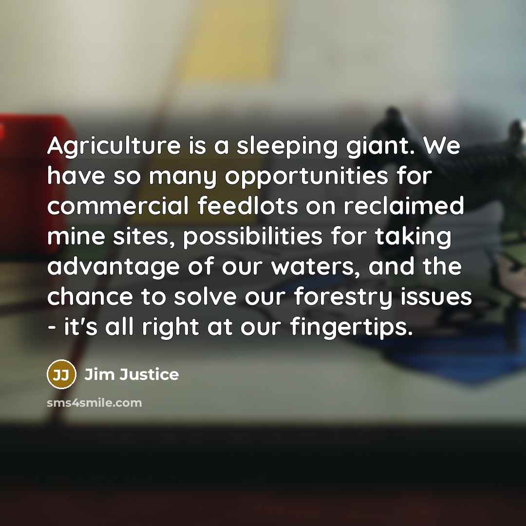 “Agriculture is a sleeping giant. We have so many opportunities for commercial feedlots on reclaimed mine sites, possibilities for taking advantage of our waters, and the chance to solve our forestry issues - it's all right at our fingertips.” quote by Jim Justice