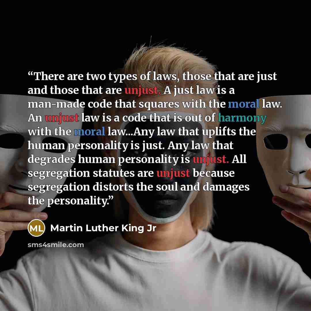 “There are two types of laws, those that are just and those that are unjust. A just law is a man-made code that squares with the moral law. An unjust law is a code that is out of harmony with the moral law...Any law that uplifts the human personality is just. Any law that degrades human personality…” quote by Martin Luther King Jr