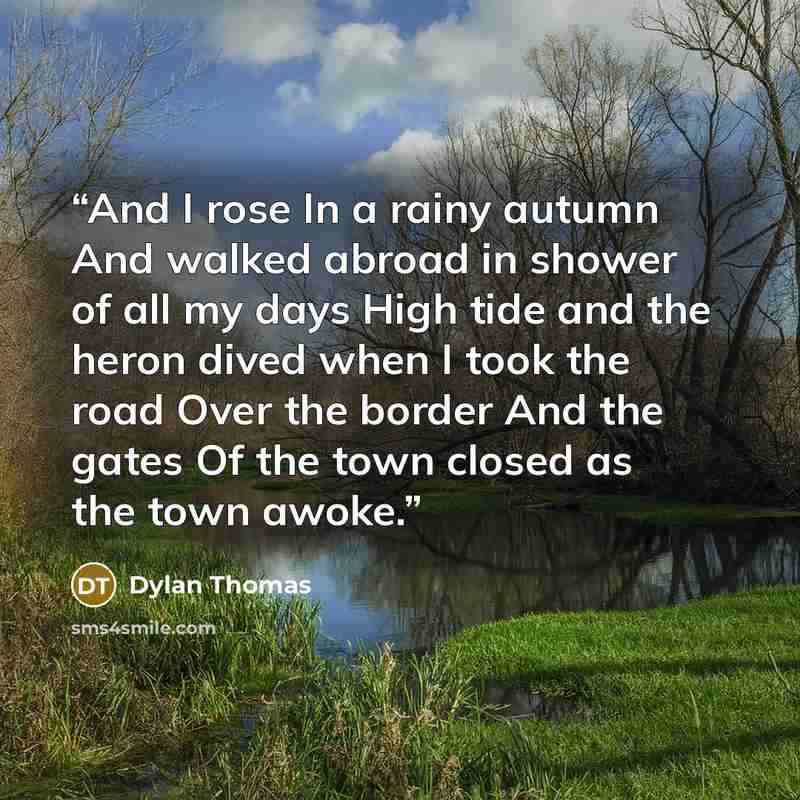 “And I rose In a rainy autumn And walked abroad in shower of all my days High tide and the heron dived when I took the road Over the border And the gates Of the town closed as the town awoke.” quote by Dylan Thomas