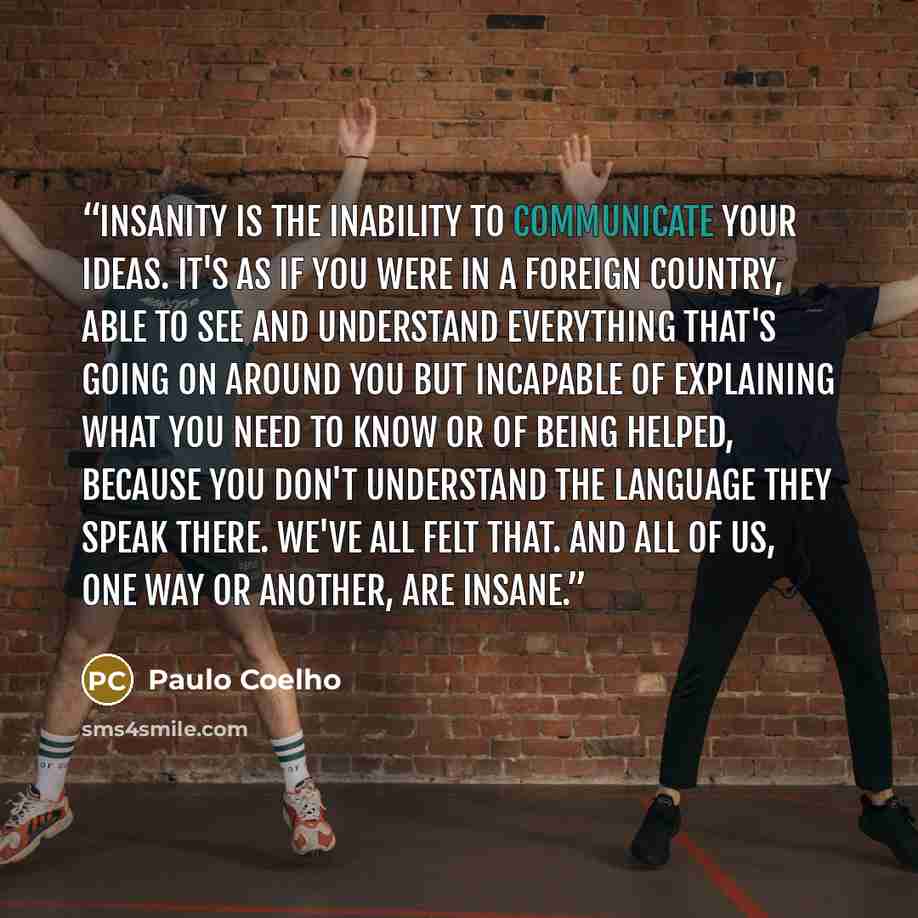 “Insanity is the inability to communicate your ideas. It's as if you were in a foreign country, able to see and understand everything that's going on around you but incapable of explaining what you need to know or of being helped, because you don't understand the language they speak there. We've…” quote by Paulo Coelho
