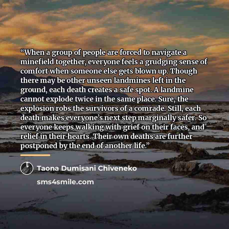 “When a group of people are forced to navigate a minefield together, everyone feels a grudging sense of comfort when someone else gets blown up. Though there may be other unseen landmines left in the ground, each death creates a safe spot. A landmine cannot explode twice in the same place. Sure…” quote by Taona Dumisani Chiveneko
