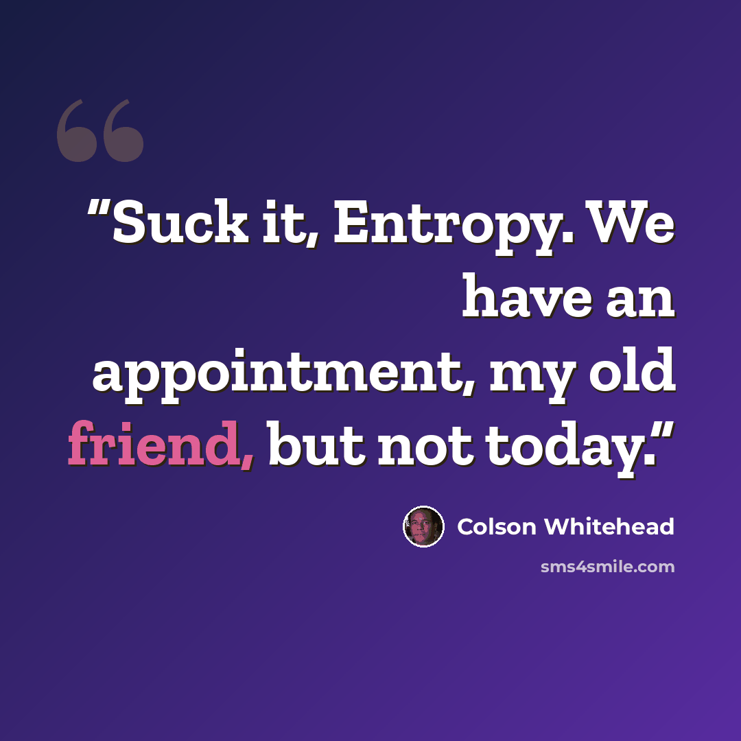 “Suck it, Entropy. We have an appointment, my old friend, but not today.” quote by Colson Whitehead