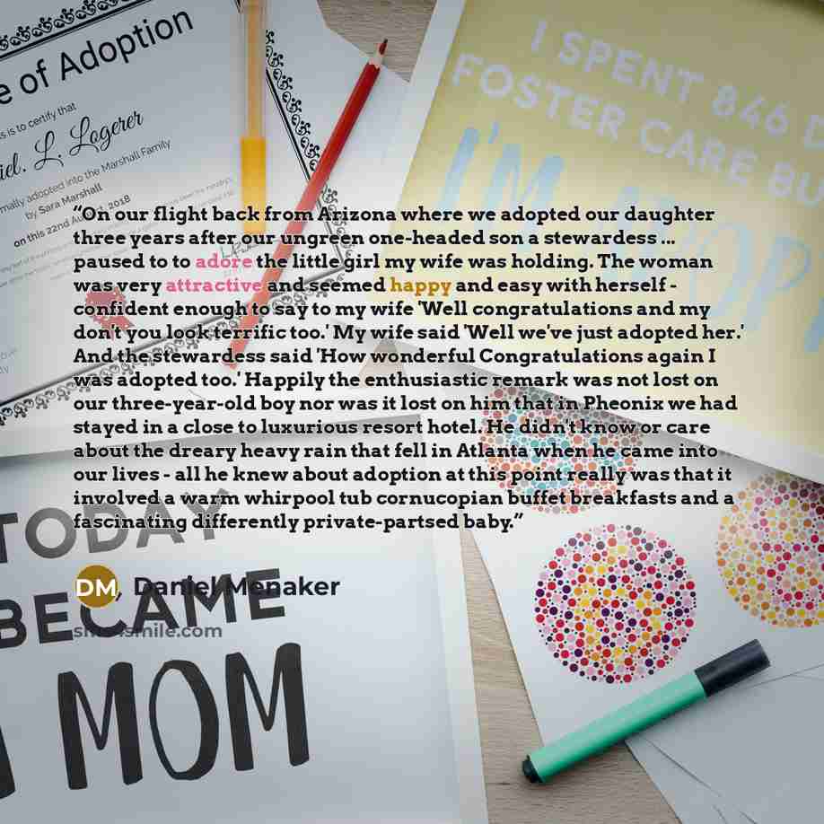 “On our flight back from Arizona where we adopted our daughter three years after our ungreen one-headed son a stewardess ... paused to to adore the little girl my wife was holding. The woman was very attractive and seemed happy and easy with herself - confident enough to say to my wife 'Well…” quote by Daniel Menaker