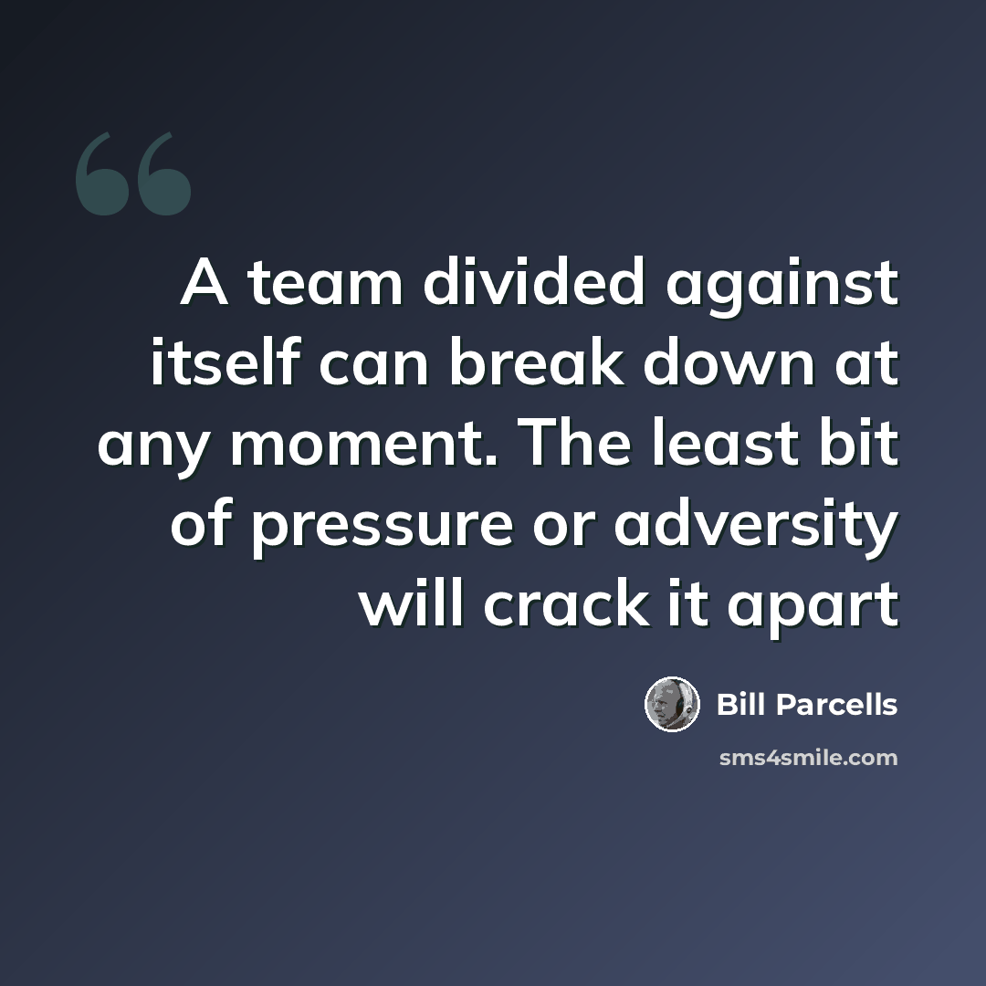 “A team divided against itself can break down at any moment. The least bit of pressure or adversity will crack it apart” quote by Bill Parcells