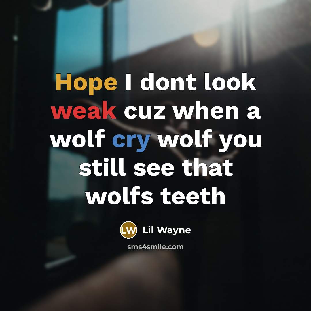 “Hope I dont look weak cuz when a wolf cry wolf you still see that wolfs teeth” quote by Lil Wayne