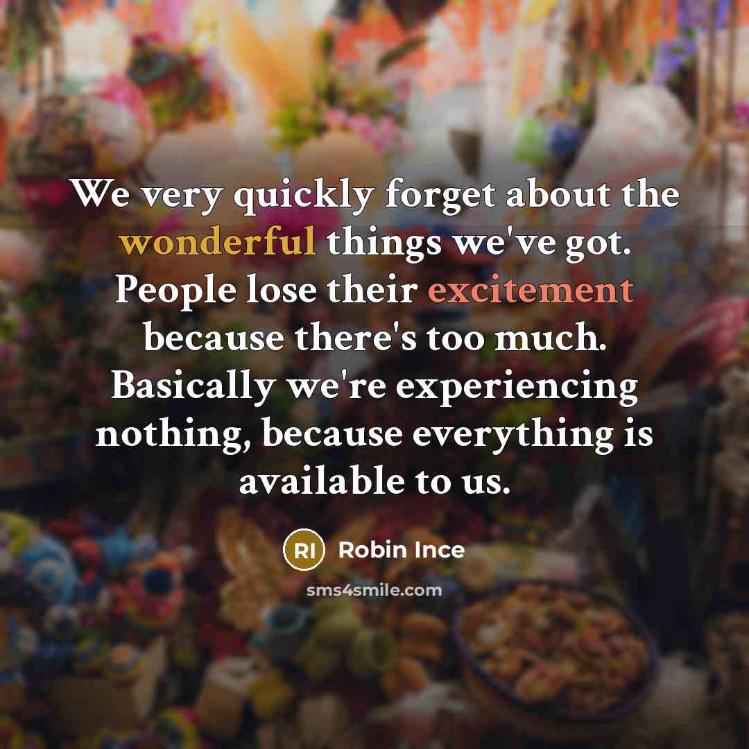“We very quickly forget about the wonderful things we've got. People lose their excitement because there's too much. Basically we're experiencing nothing, because everything is available to us.” quote by Robin Ince