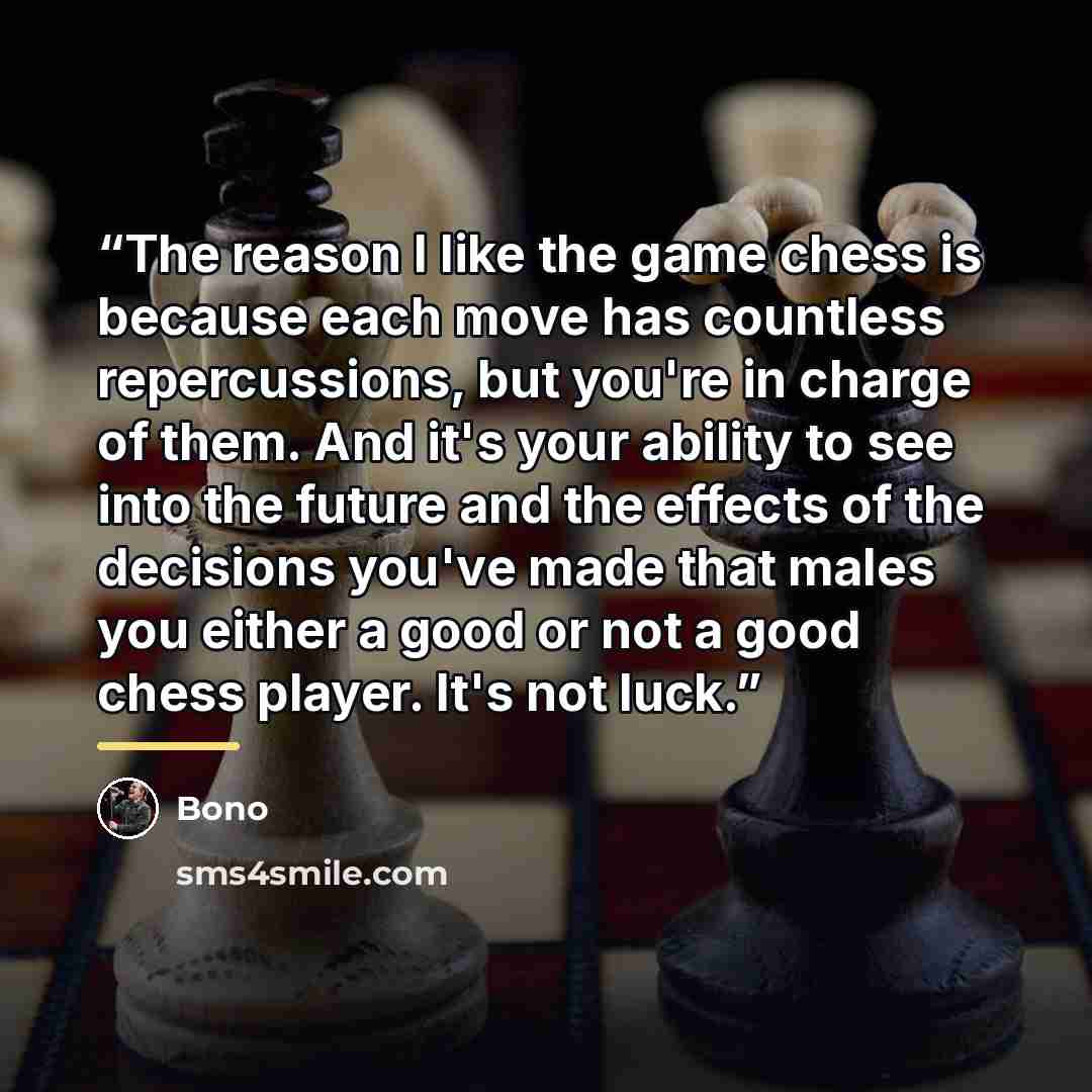 “The reason I like the game chess is because each move has countless repercussions, but you're in charge of them. And it's your ability to see into the future and the effects of the decisions you've made that males you either a good or not a good chess player. It's not luck.” quote by Bono