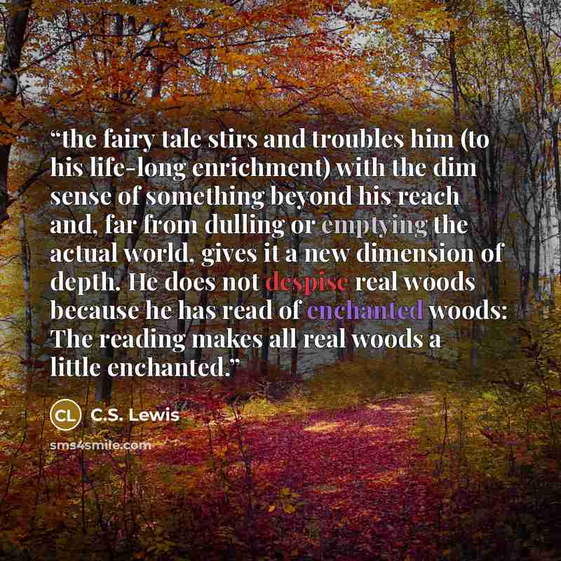 “the fairy tale stirs and troubles him (to his life-long enrichment) with the dim sense of something beyond his reach and, far from dulling or emptying the actual world, gives it a new dimension of depth. He does not despise real woods because he has read of enchanted woods: The reading makes all…” quote by C.S. Lewis