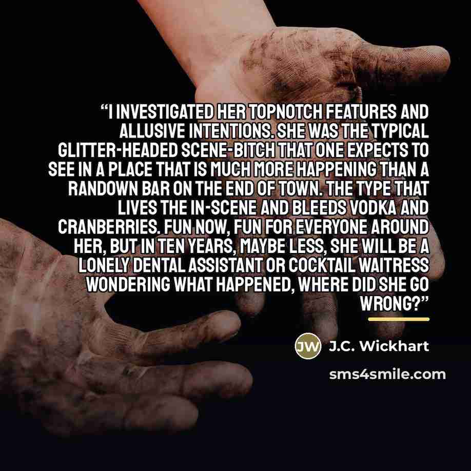 “I investigated her topnotch features and allusive intentions. She was the typical glitter-headed scene-bitch that one expects to see in a place that is much more happening than a randown bar on the end of town. The type that lives the in-scene and bleeds vodka and cranberries. Fun now, fun for…” quote by J.C. Wickhart