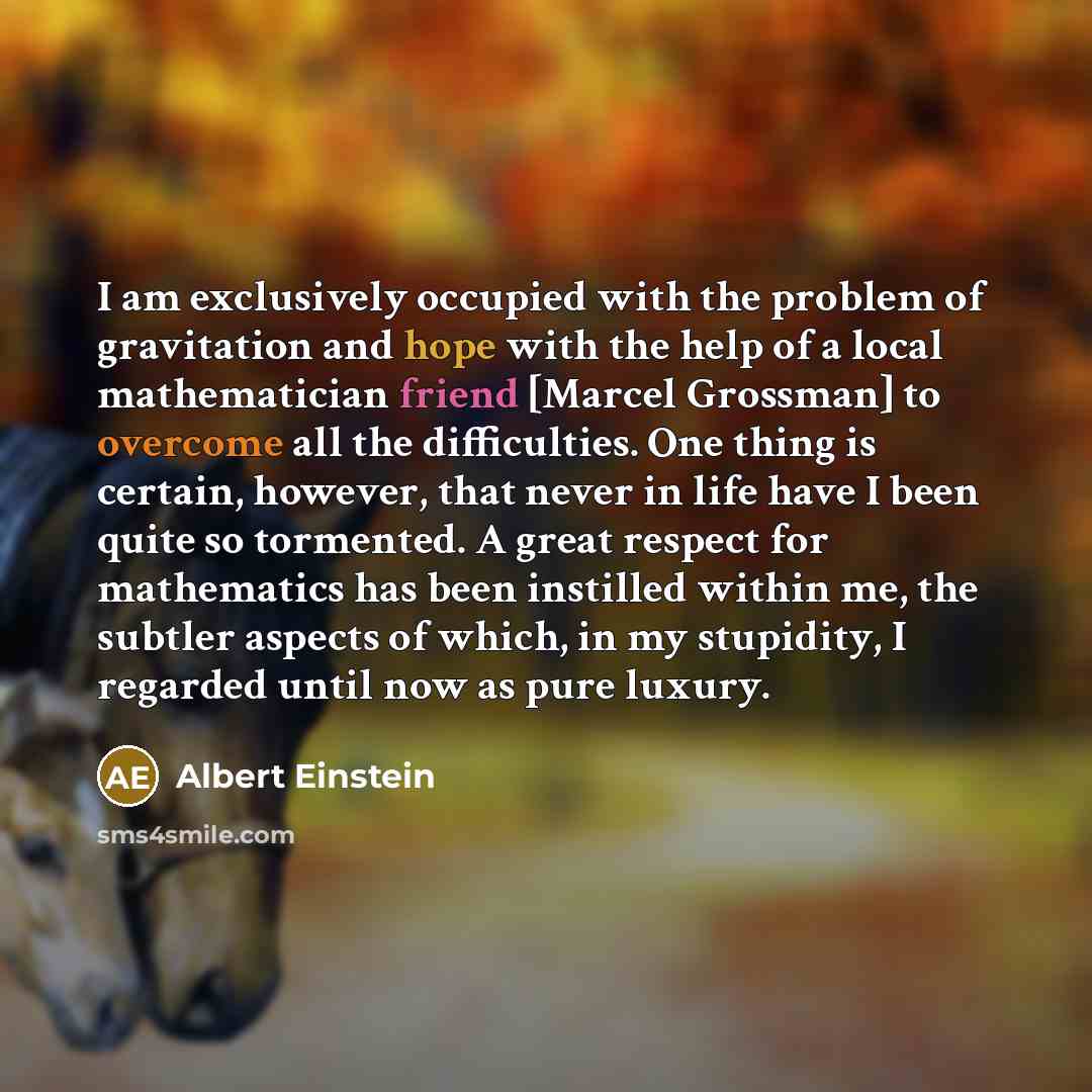 “I am exclusively occupied with the problem of gravitation and hope with the help of a local mathematician friend [Marcel Grossman] to overcome all the difficulties. One thing is certain, however, that never in life have I been quite so tormented. A great respect for mathematics has been instilled…” quote by Albert Einstein