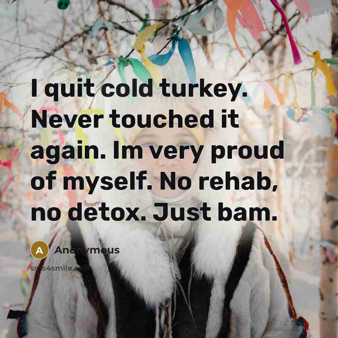 “I quit cold turkey. Never touched it again. Im very proud of myself. No rehab, no detox. Just bam.” quote by Anonymous