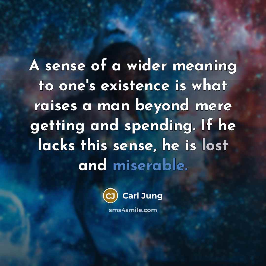 “A sense of a wider meaning to one's existence is what raises a man beyond mere getting and spending. If he lacks this sense, he is lost and miserable.” quote by Carl Jung