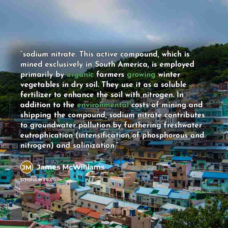 “sodium nitrate. This active compound, which is mined exclusively in South America, is employed primarily by organic farmers growing winter vegetables in dry soil. They use it as a soluble fertilizer to enhance the soil with nitrogen. In addition to the environmental costs of mining and shipping…” quote by James McWilliams