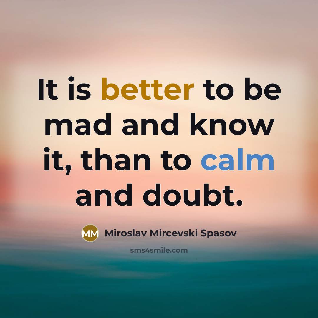 “It is better to be mad and know it, than to calm and doubt.” quote by Miroslav Mircevski Spasov