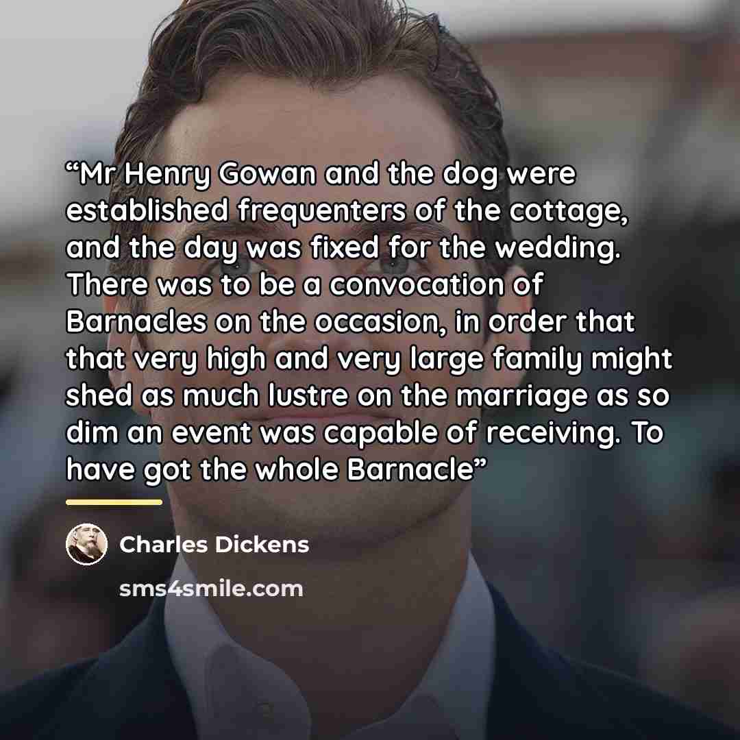 “Mr Henry Gowan and the dog were established frequenters of the cottage, and the day was fixed for the wedding. There was to be a convocation of Barnacles on the occasion, in order that that very high and very large family might shed as much lustre on the marriage as so dim an event was capable of…” quote by Charles Dickens