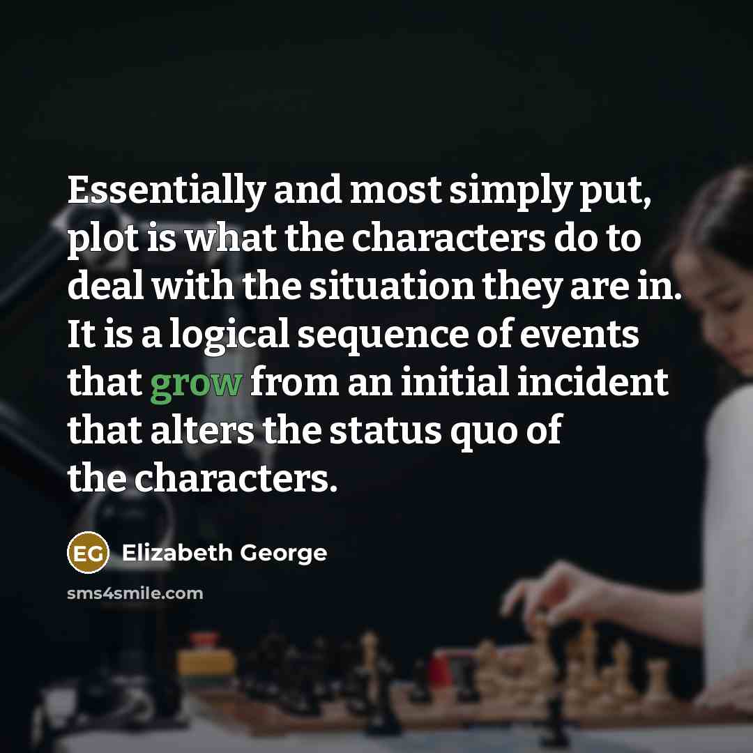 “Essentially and most simply put, plot is what the characters do to deal with the situation they are in. It is a logical sequence of events that grow from an initial incident that alters the status quo of the characters.” quote by Elizabeth George