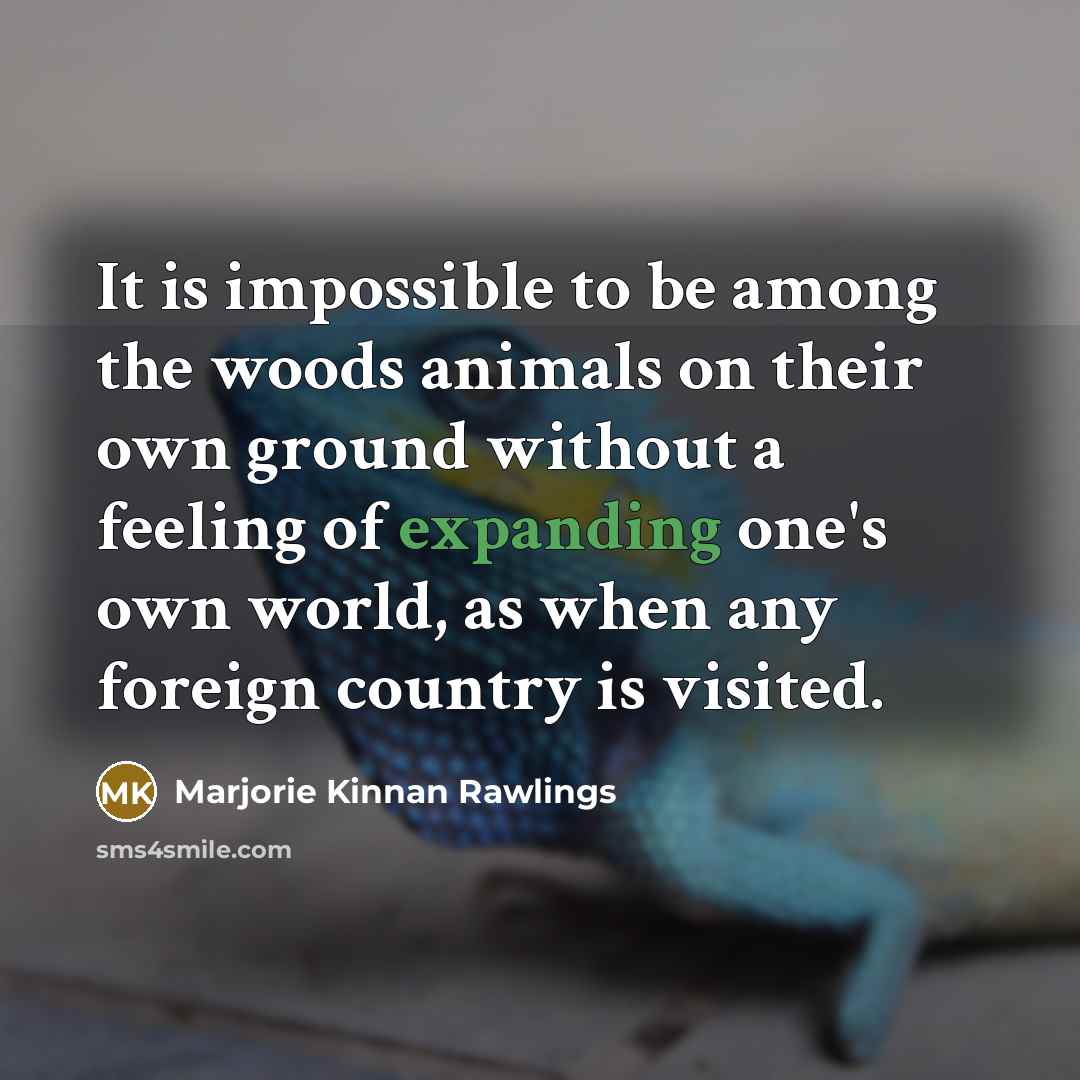 “It is impossible to be among the woods animals on their own ground without a feeling of expanding one's own world, as when any foreign country is visited.” quote by Marjorie Kinnan Rawlings
