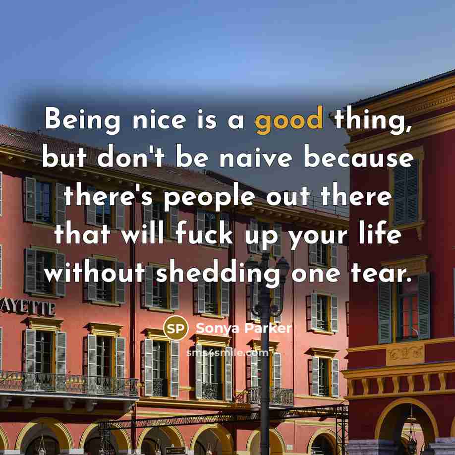 “Being nice is a good thing, but don't be naive because there's people out there that will fuck up your life without shedding one tear.” quote by Sonya Parker