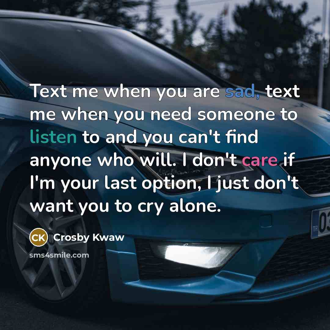 “Text me when you are sad, text me when you need someone to listen to and you can't find anyone who will. I don't care if I'm your last option, I just don't want you to cry alone.” quote by Crosby Kwaw
