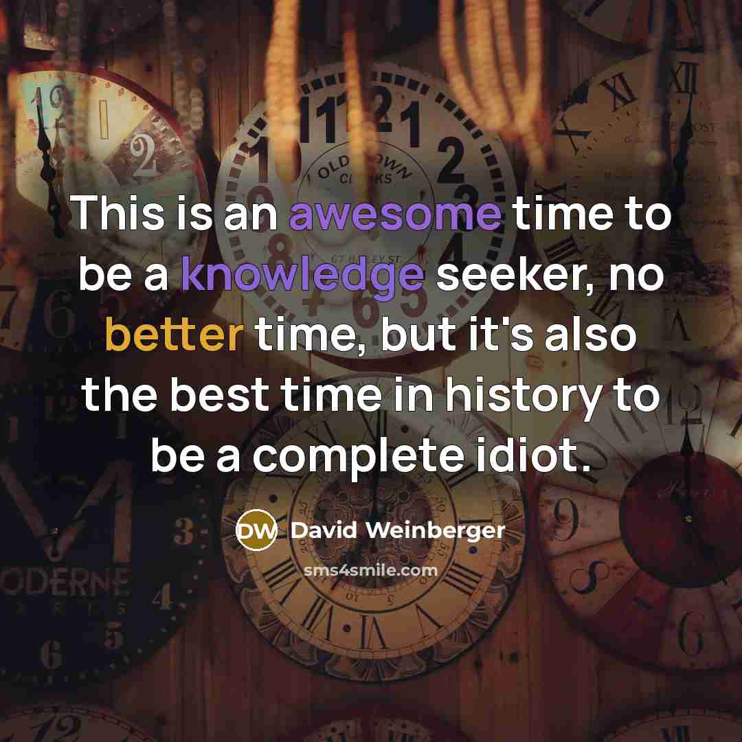 “This is an awesome time to be a knowledge seeker, no better time, but it's also the best time in history to be a complete idiot.” quote by David Weinberger