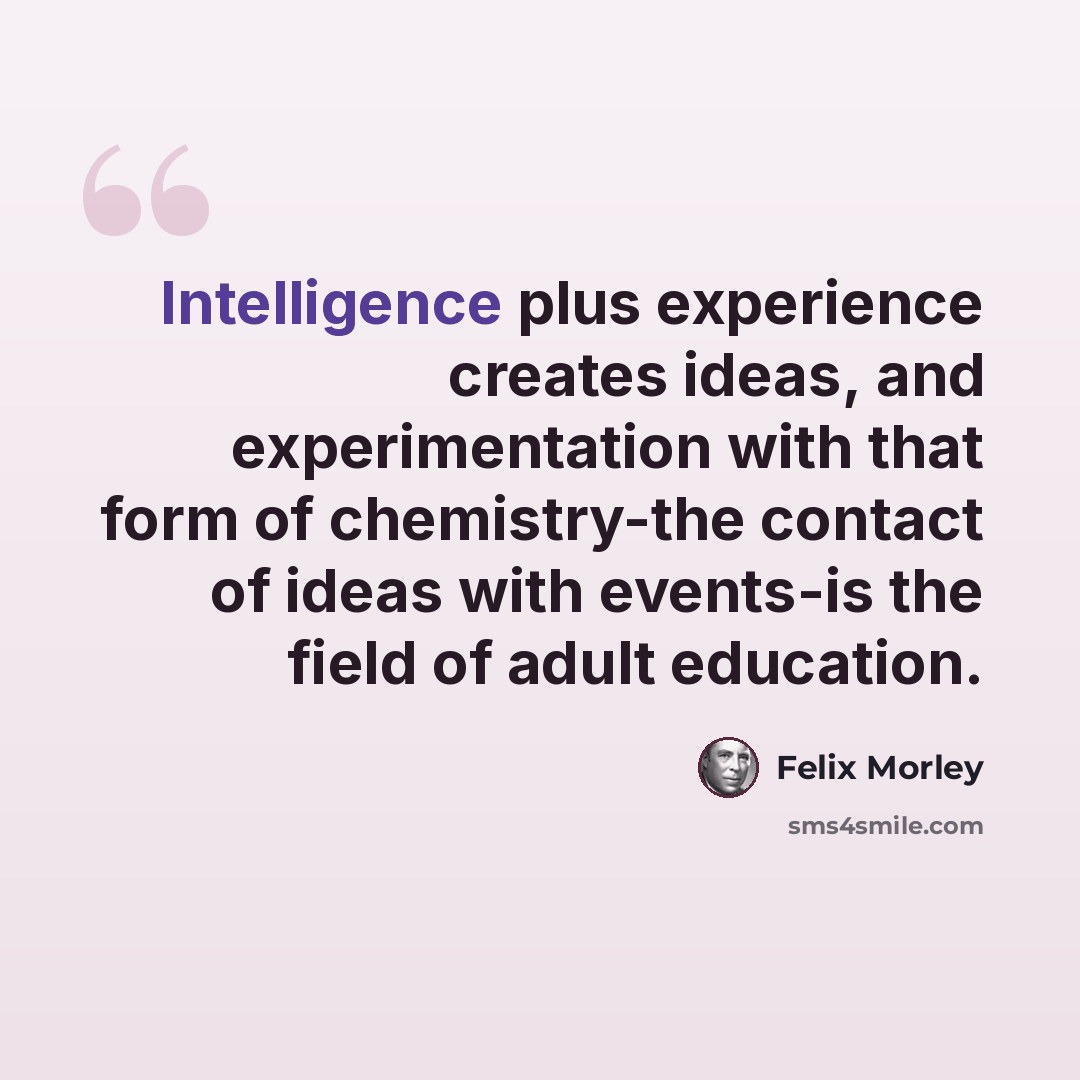 “Intelligence plus experience creates ideas, and experimentation with that form of chemistry-the contact of ideas with events-is the field of adult education.” quote by Felix Morley