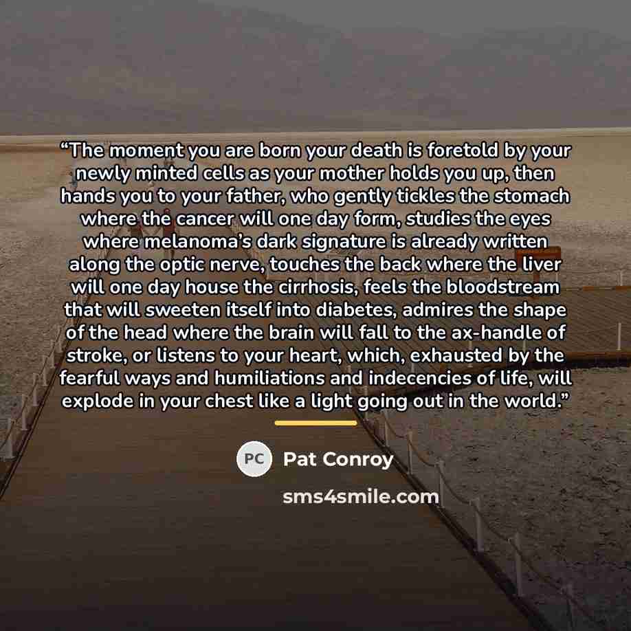 “The moment you are born your death is foretold by your newly minted cells as your mother holds you up, then hands you to your father, who gently tickles the stomach where the cancer will one day form, studies the eyes where melanoma’s dark signature is already written along the optic nerve…” quote by Pat Conroy