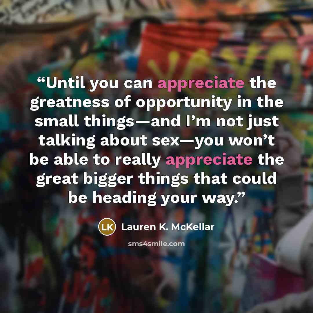 “Until you can appreciate the greatness of opportunity in the small things—and I’m not just talking about sex—you won’t be able to really appreciate the great bigger things that could be heading your way.” quote by Lauren K. McKellar