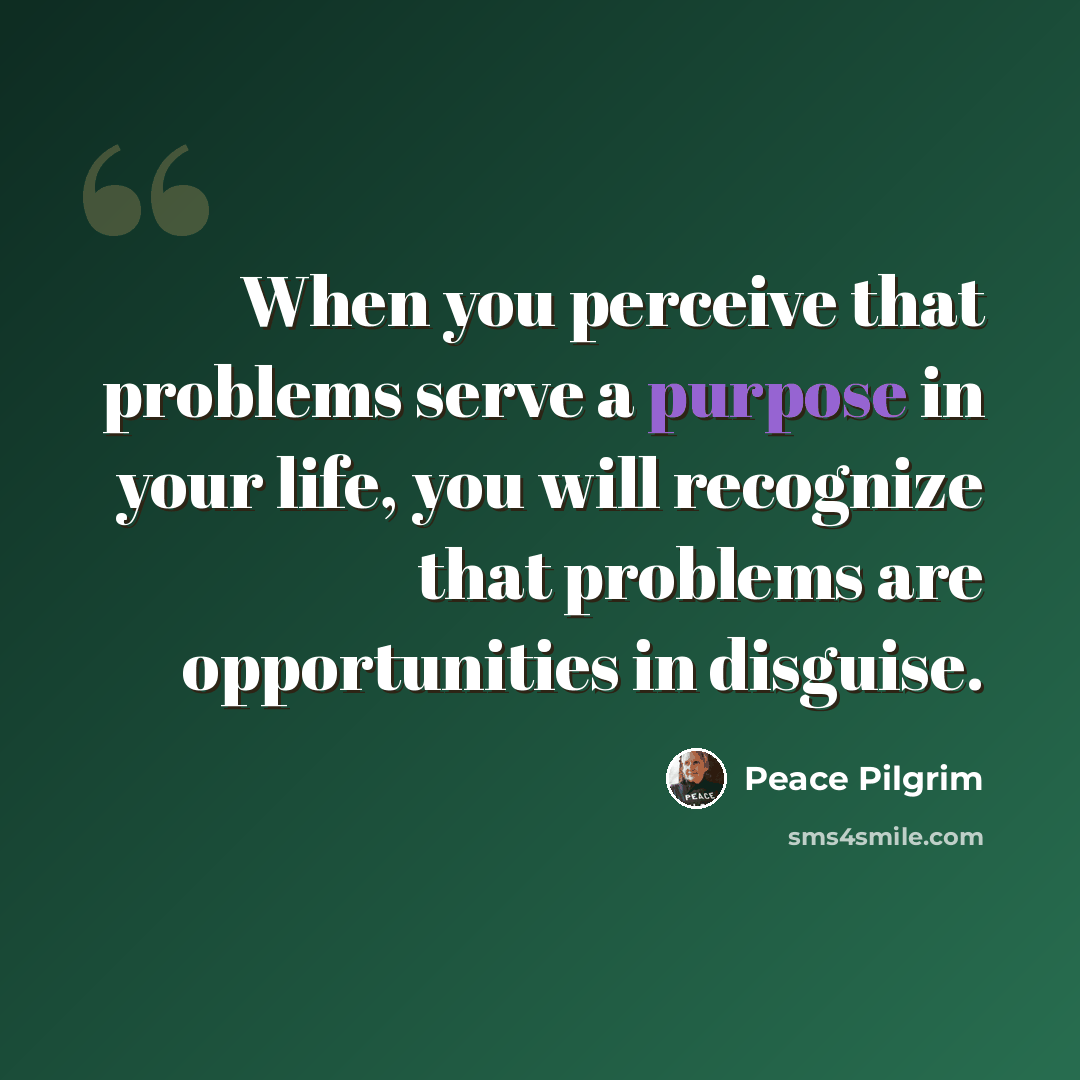 “When you perceive that problems serve a purpose in your life, you will recognize that problems are opportunities in disguise.” quote by Peace Pilgrim
