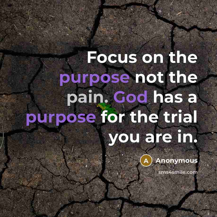 “Focus on the purpose not the pain. God has a purpose for the trial you are in.” quote by Anonymous
