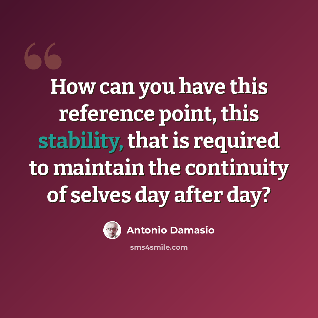 “How can you have this reference point, this stability, that is required to maintain the continuity of selves day after day?” quote by Antonio Damasio