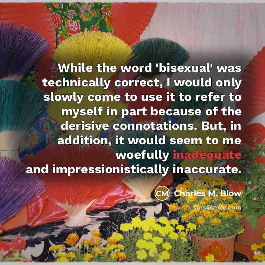 “While the word 'bisexual' was technically correct, I would only slowly come to use it to refer to myself in part because of the derisive connotations. But, in addition, it would seem to me woefully inadequate and impressionistically inaccurate.” quote by Charles M. Blow