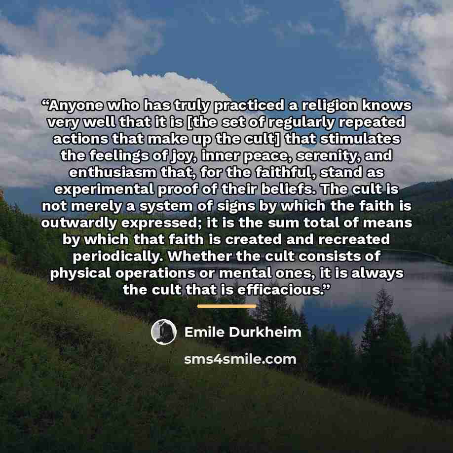 “Anyone who has truly practiced a religion knows very well that it is [the set of regularly repeated actions that make up the cult] that stimulates the feelings of joy, inner peace, serenity, and enthusiasm that, for the faithful, stand as experimental proof of their beliefs. The cult is not merely…” quote by Émile Durkheim