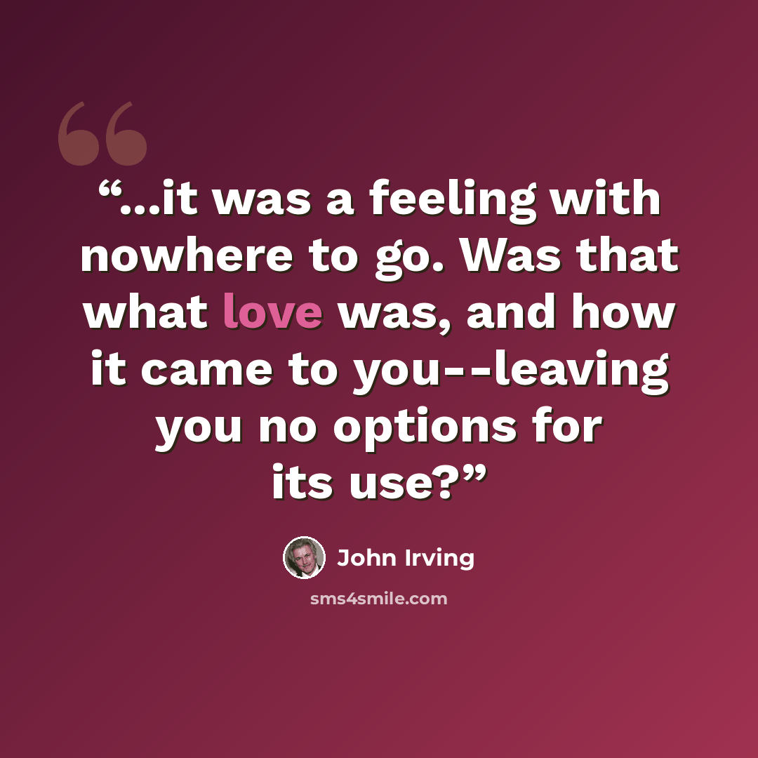 “...it was a feeling with nowhere to go. Was that what love was, and how it came to you--leaving you no options for its use?” quote by John Irving